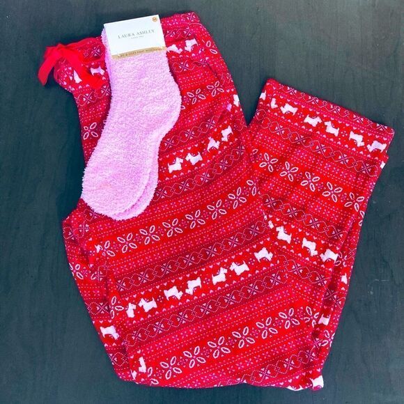 Laura Ashley Fair Isle Dogs Red Sleep PJ Pants Socks Set - Picture 1 of 3